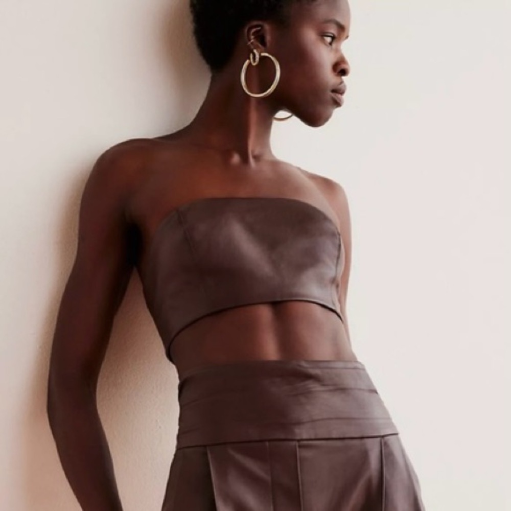 Free People Cora Chocolate Brown Faux Leather Bandeau Top Size 10 NWOT